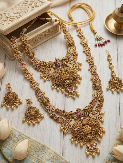 Abdesigns Royal Lakshmi Temple Bridal Set with Antique Gold Finish & Pearl Drops