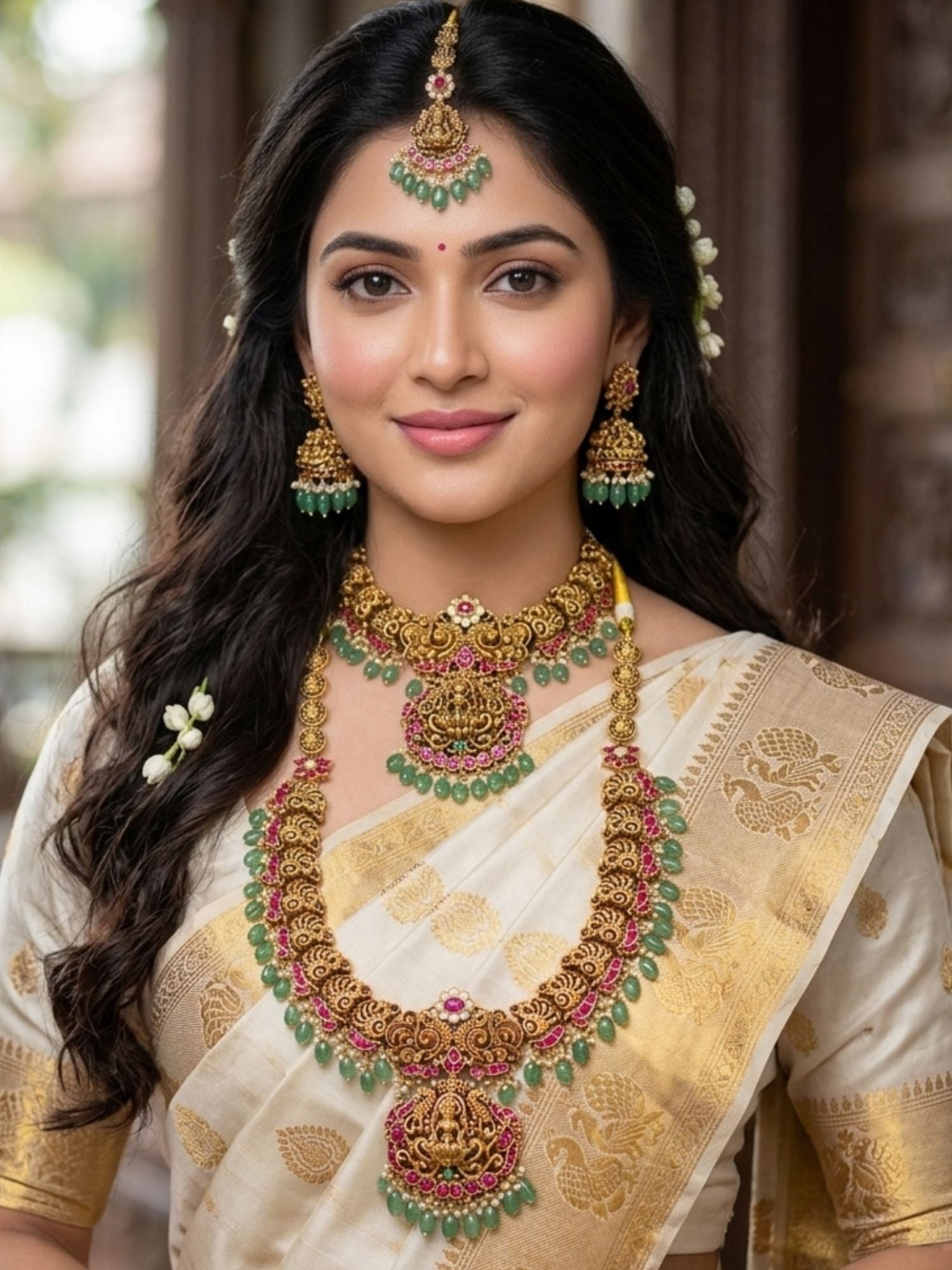 Abdesigns Royal South Indian Temple Jewellery Set with Long Haram, Choker & Maang Tikka