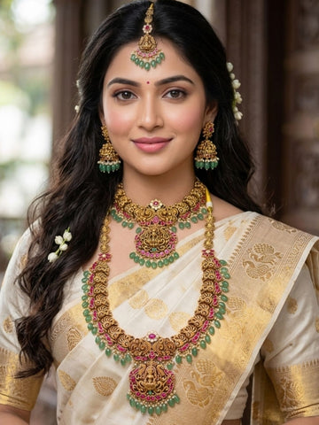 Royal South Indian Temple Jewellery Set with Long Haram, Choker & Maang Tikka - necklace by Abdesigns Jewellery