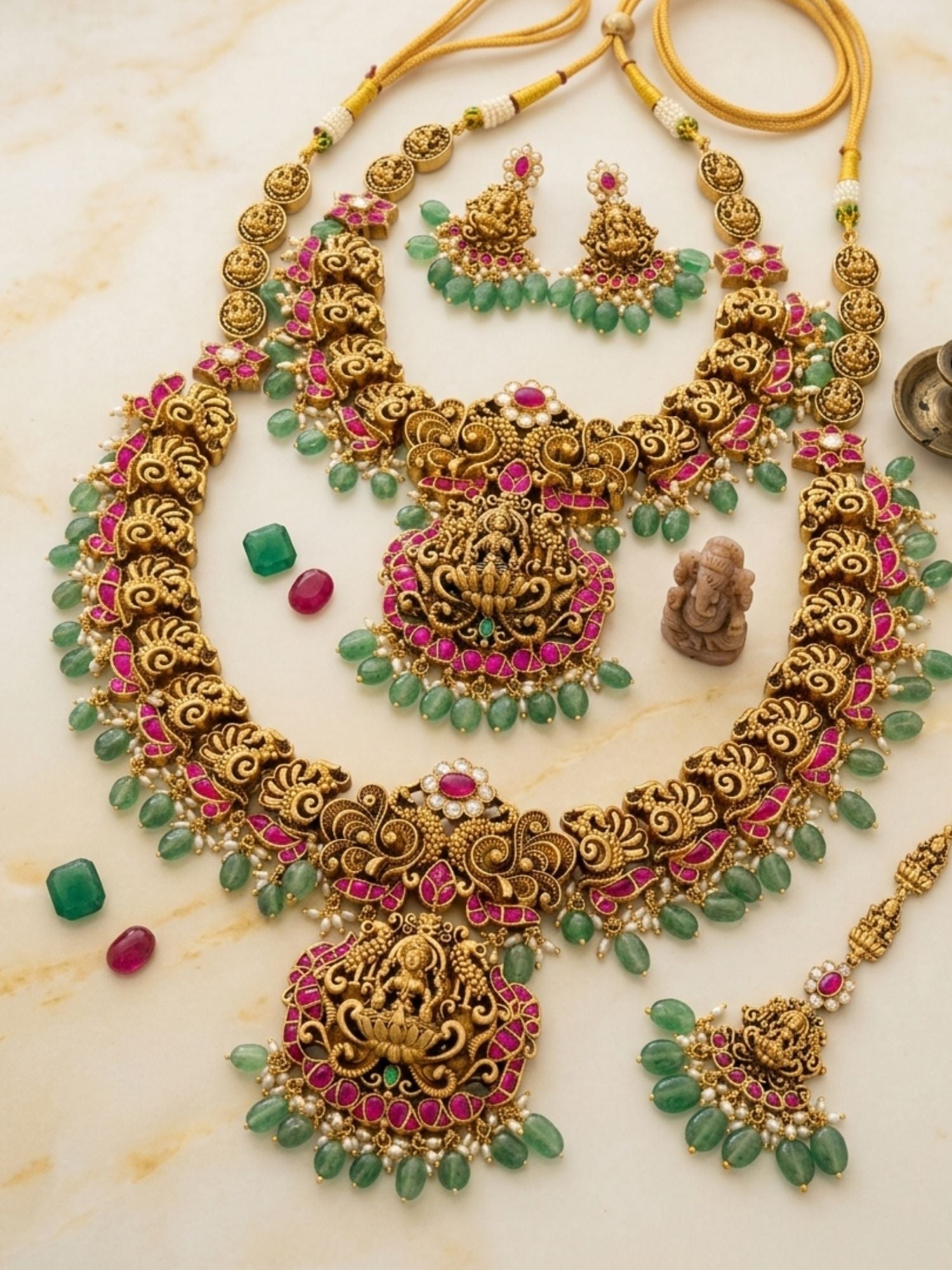 Abdesigns Royal South Indian Temple Jewellery Set with Long Haram, Choker & Maang Tikka
