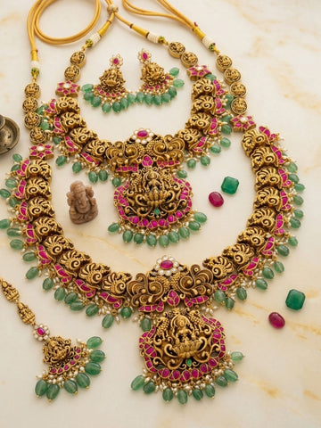 Abdesigns Royal South Indian Temple Jewellery Set with Long Haram, Choker & Maang Tikka