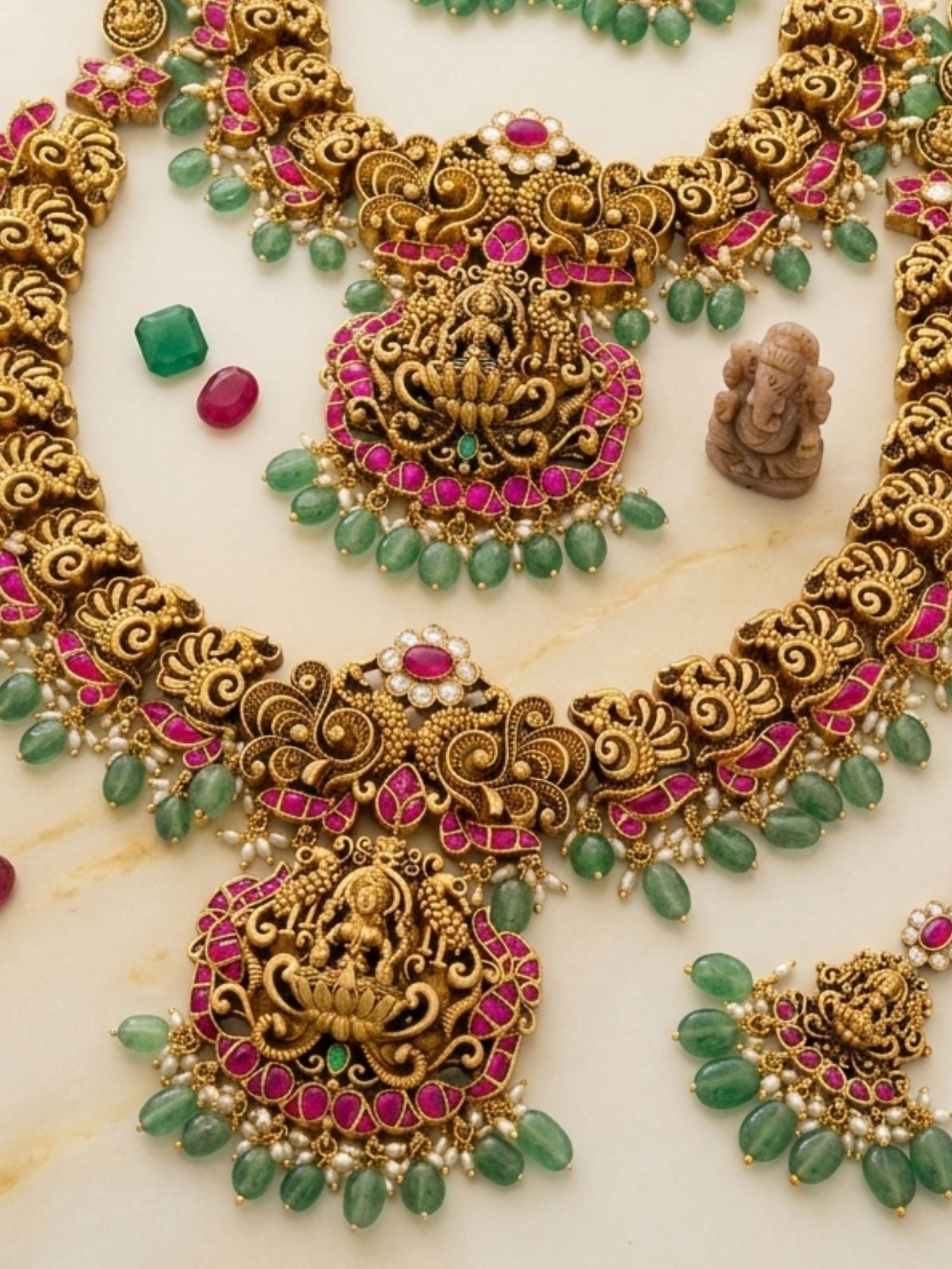 Abdesigns Royal South Indian Temple Jewellery Set with Long Haram, Choker & Maang Tikka