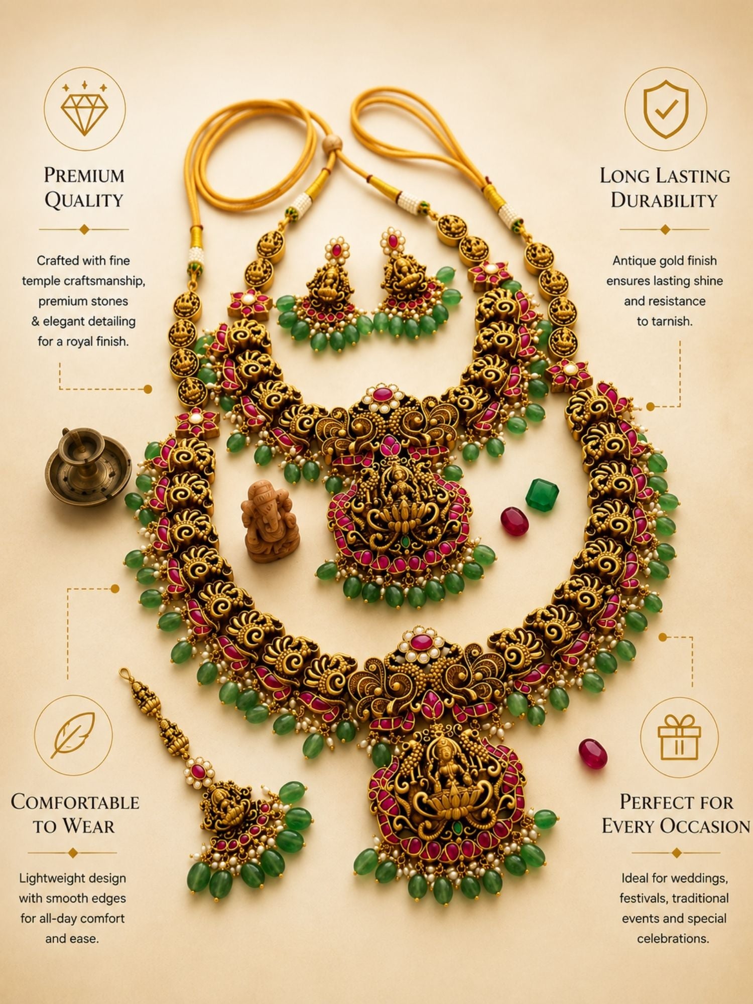 Abdesigns Royal South Indian Temple Jewellery Set with Long Haram, Choker & Maang Tikka