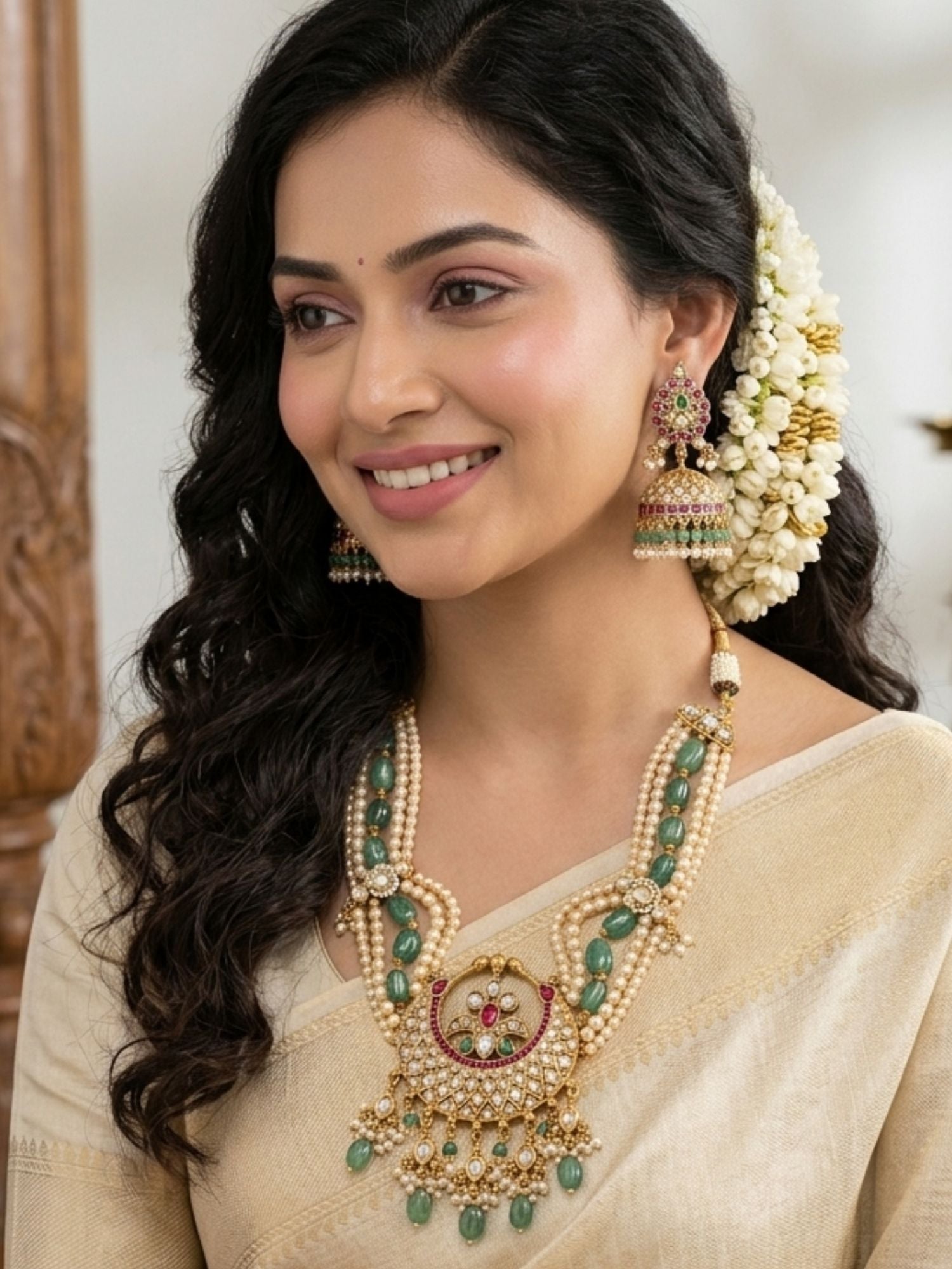 Abdesigns Royal Pearl & Emerald Kundan Long Necklace Set with Statement Pendant