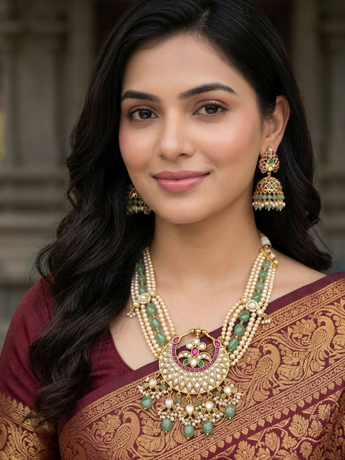 Abdesigns pearl and emerald kundan long necklace set with statement pendant royal wedding jewellery