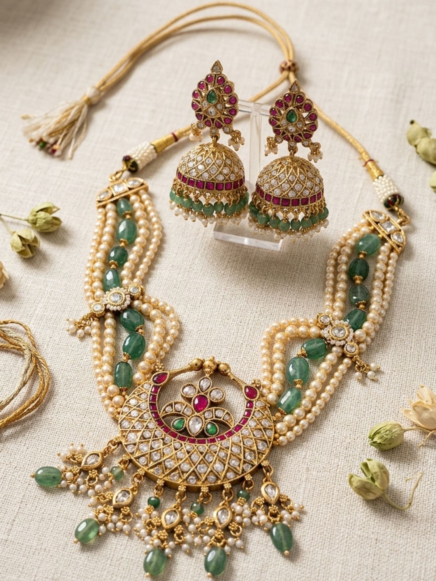 Abdesigns Royal Pearl & Emerald Kundan Long Necklace Set with Statement Pendant
