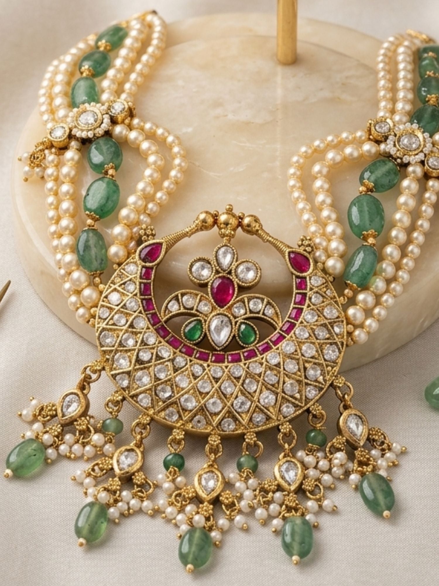 Abdesigns Royal Pearl & Emerald Kundan Long Necklace Set with Statement Pendant