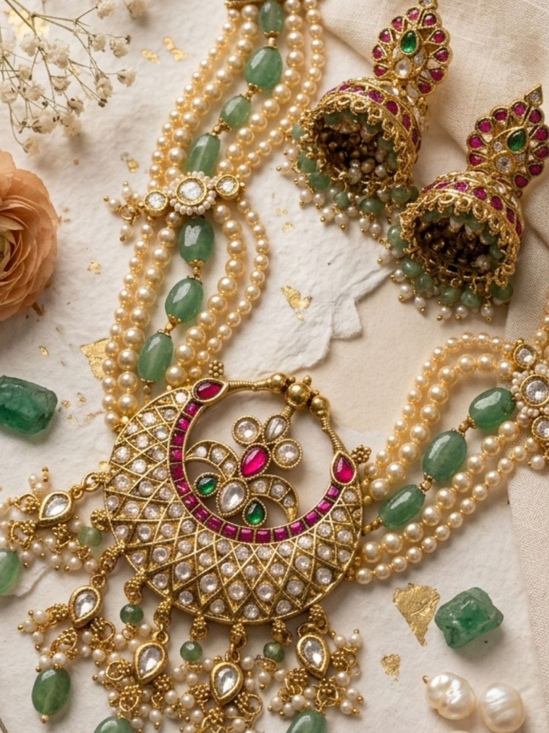 Abdesigns pearl and emerald kundan long necklace set with statement pendant royal wedding jewellery