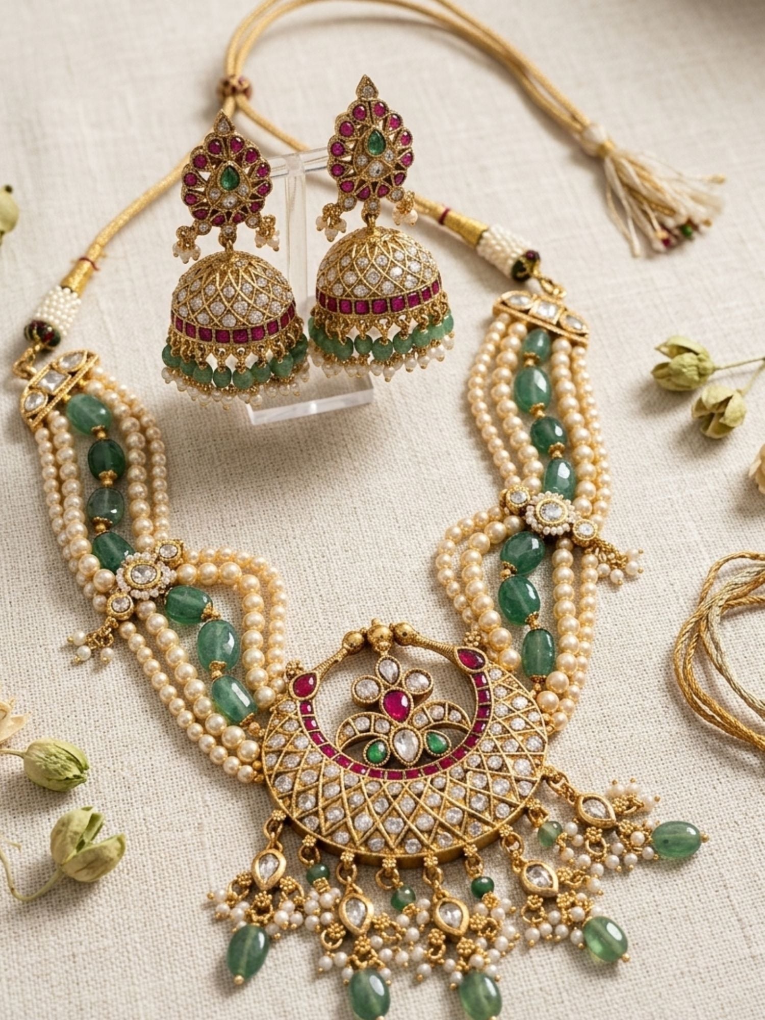 Abdesigns Royal Pearl & Emerald Kundan Long Necklace Set with Statement Pendant