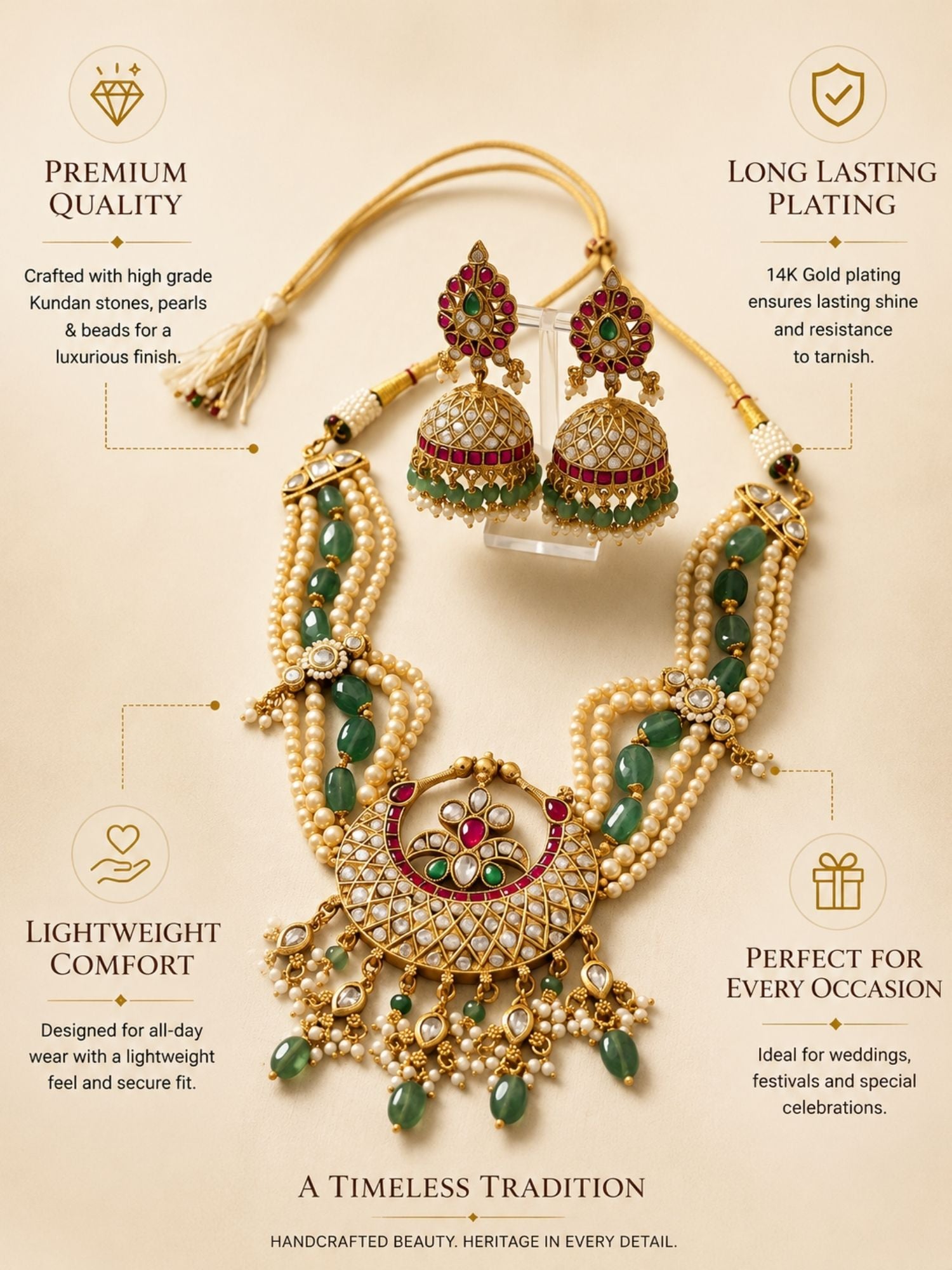 Abdesigns Royal Pearl & Emerald Kundan Long Necklace Set with Statement Pendant