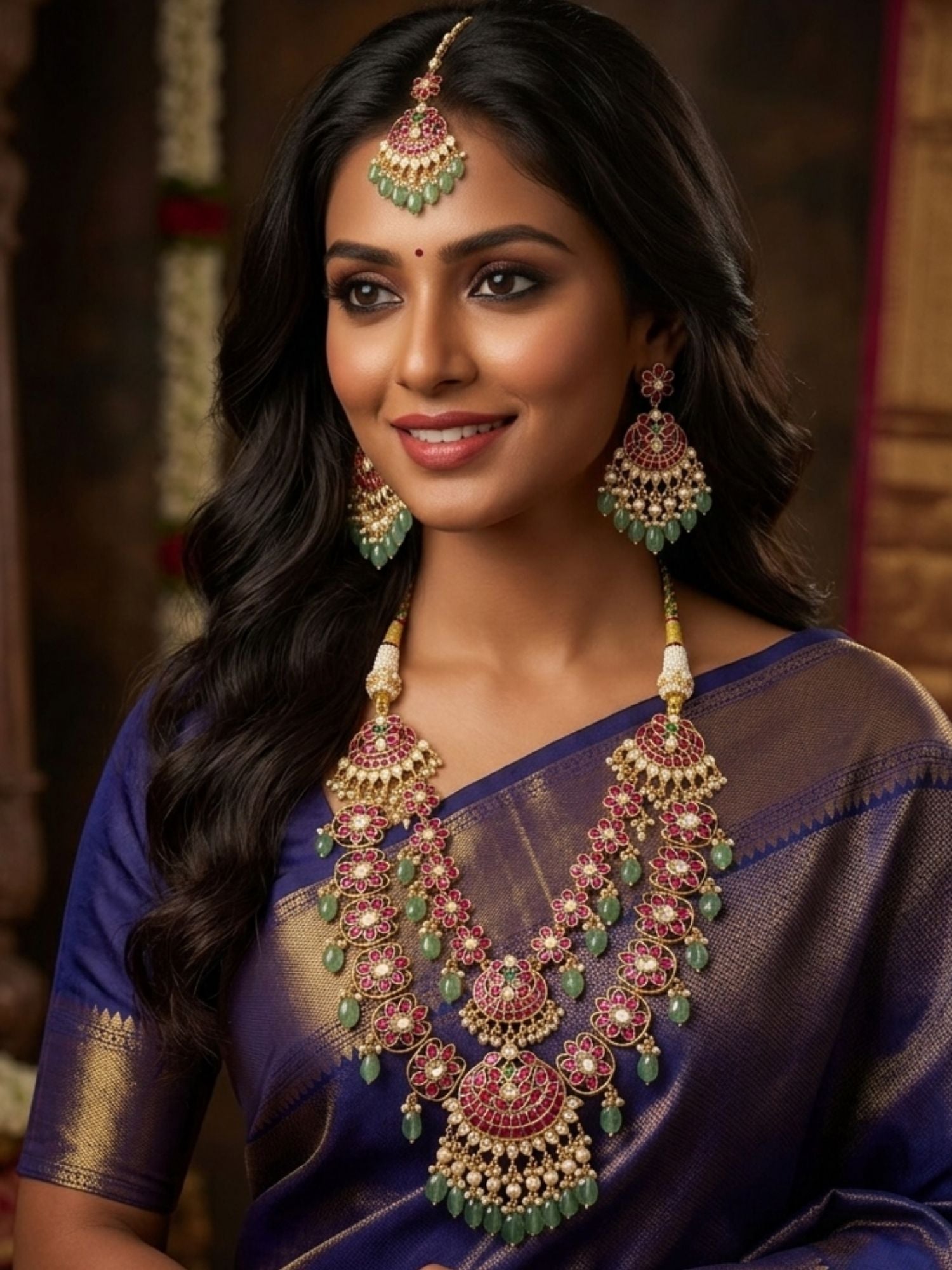 Royal Rani Pink Kundan Bridal Haram Set with Emerald Drops & Maang Tikka - necklace by Abdesigns Jewellery