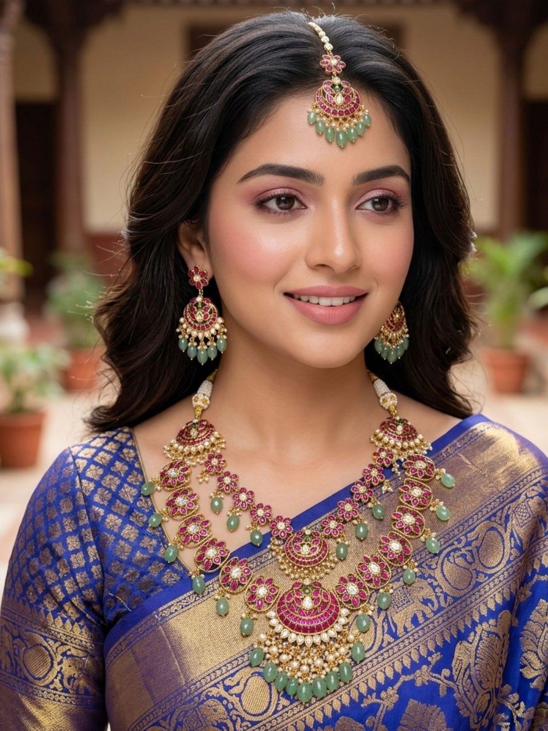 Abdesigns rani pink kundan bridal haram set with emerald drops and maang tikka heavy bridal jewellery