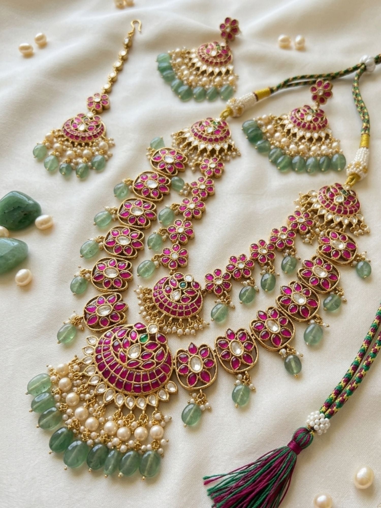 Royal Rani Pink Kundan Bridal Haram Set with Emerald Drops & Maang Tikka - necklace by Abdesigns Jewellery