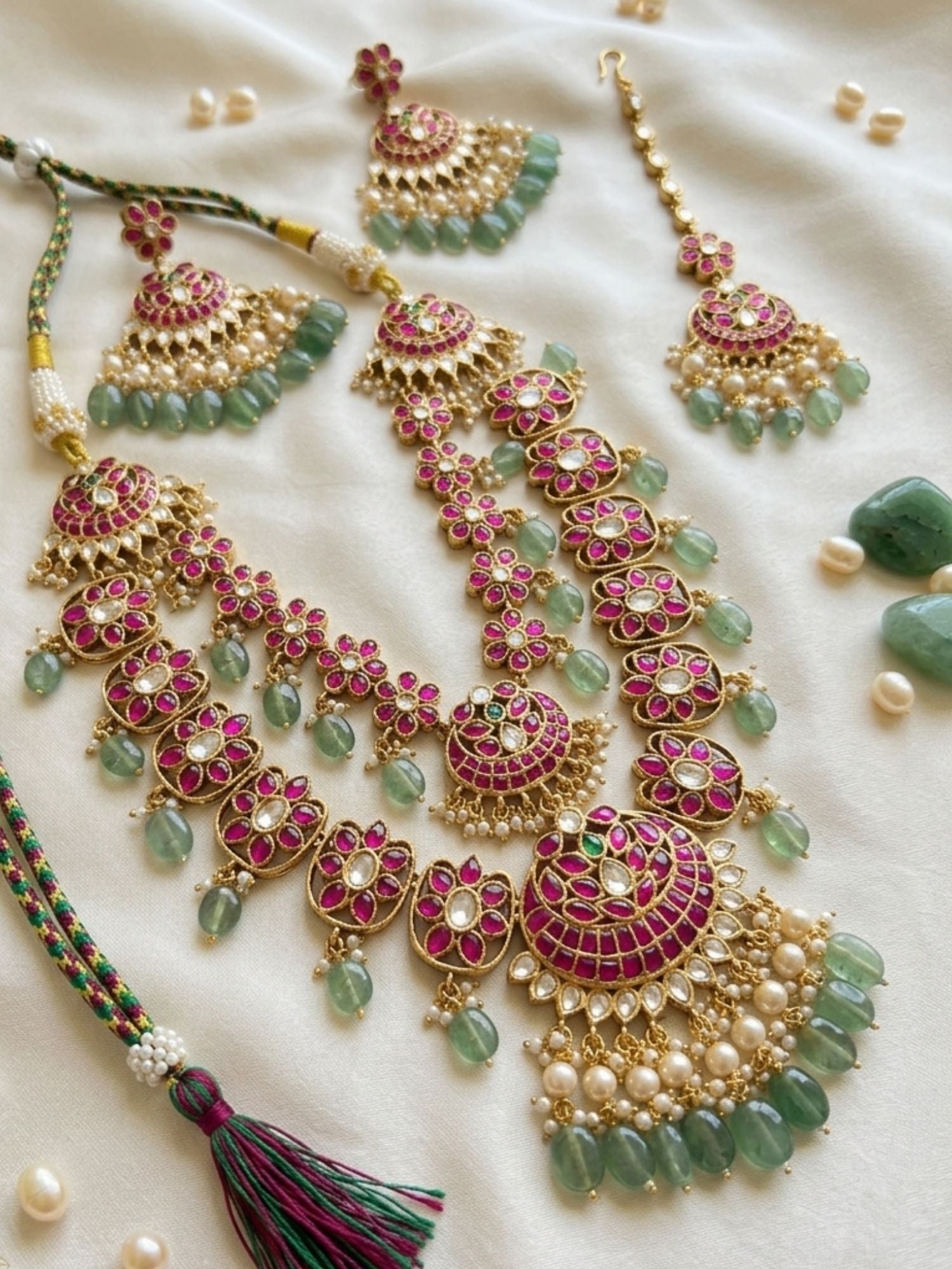 Royal Rani Pink Kundan Bridal Haram Set with Emerald Drops & Maang Tikka - necklace by Abdesigns Jewellery