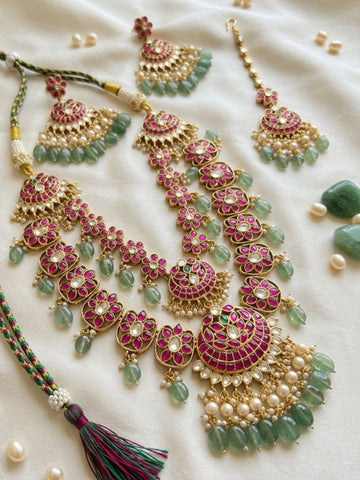 Royal Rani Pink Kundan Bridal Haram Set with Emerald Drops & Maang Tikka - necklace by Abdesigns Jewellery
