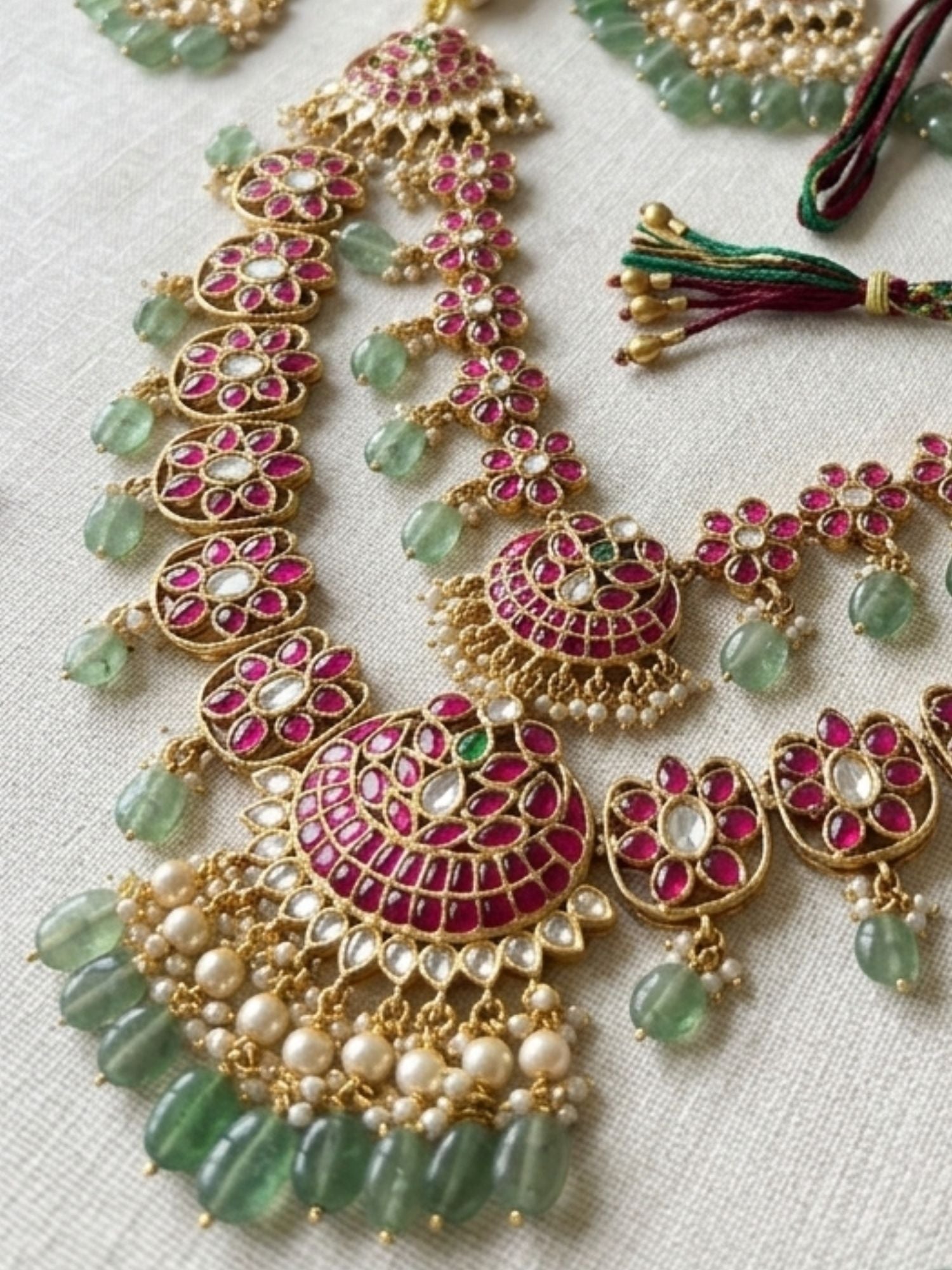 Royal Rani Pink Kundan Bridal Haram Set with Emerald Drops & Maang Tikka - necklace by Abdesigns Jewellery