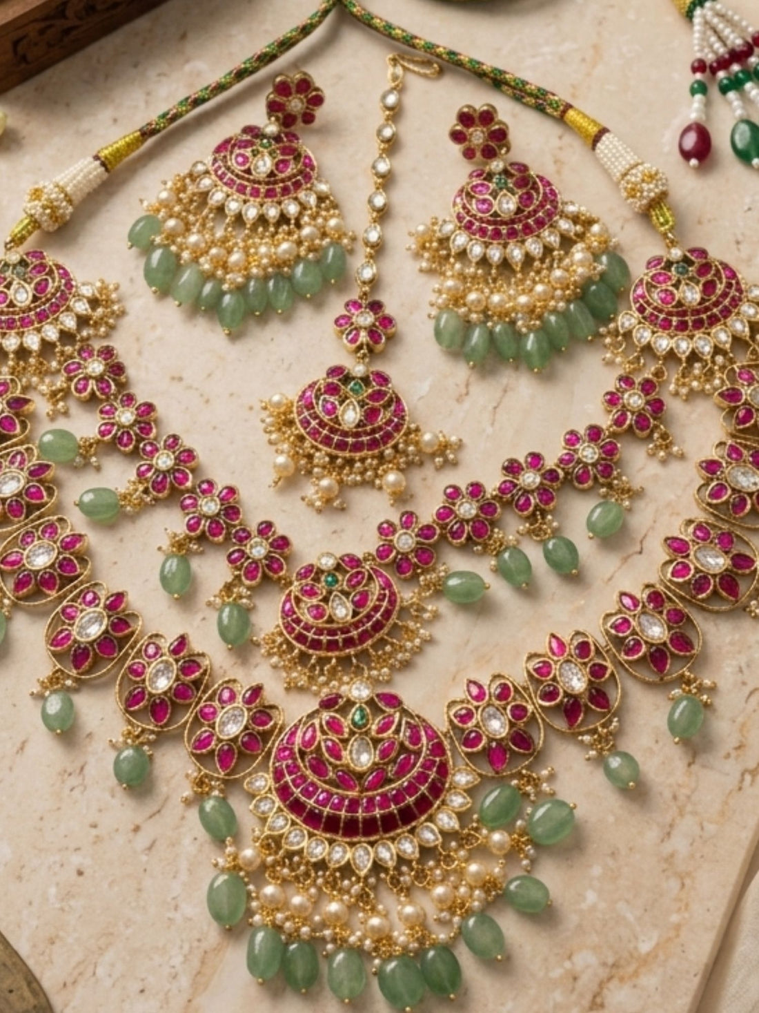 Abdesigns rani pink kundan bridal haram set with emerald drops and maang tikka heavy bridal jewellery