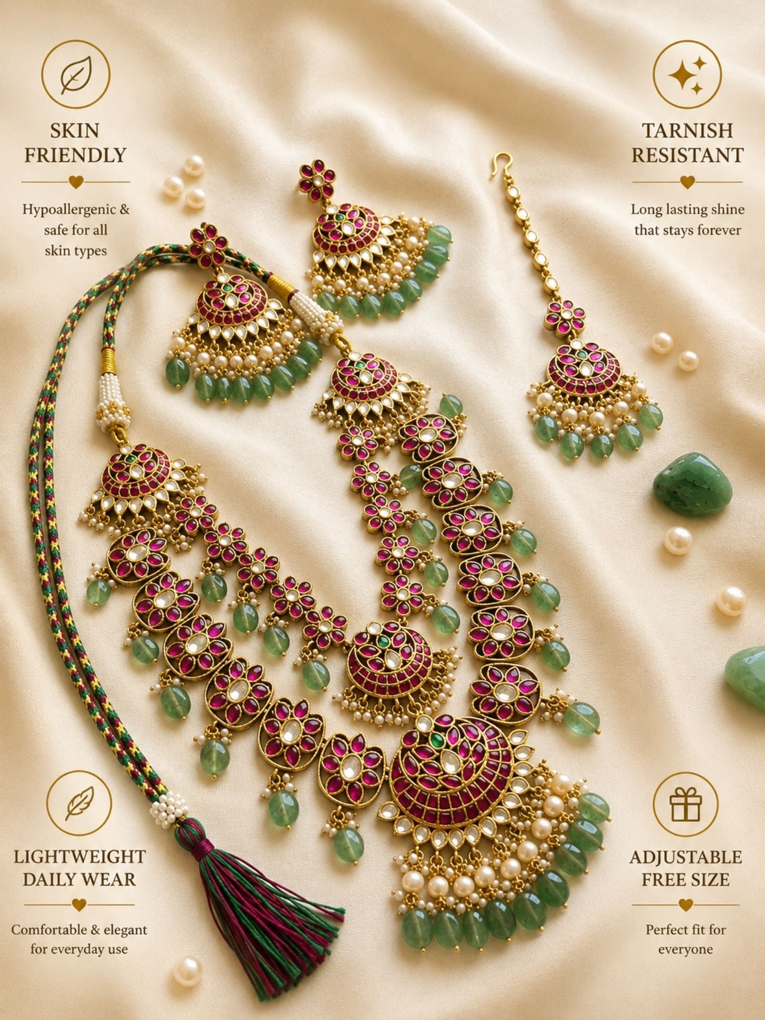 Royal Rani Pink Kundan Bridal Haram Set with Emerald Drops & Maang Tikka - necklace by Abdesigns Jewellery