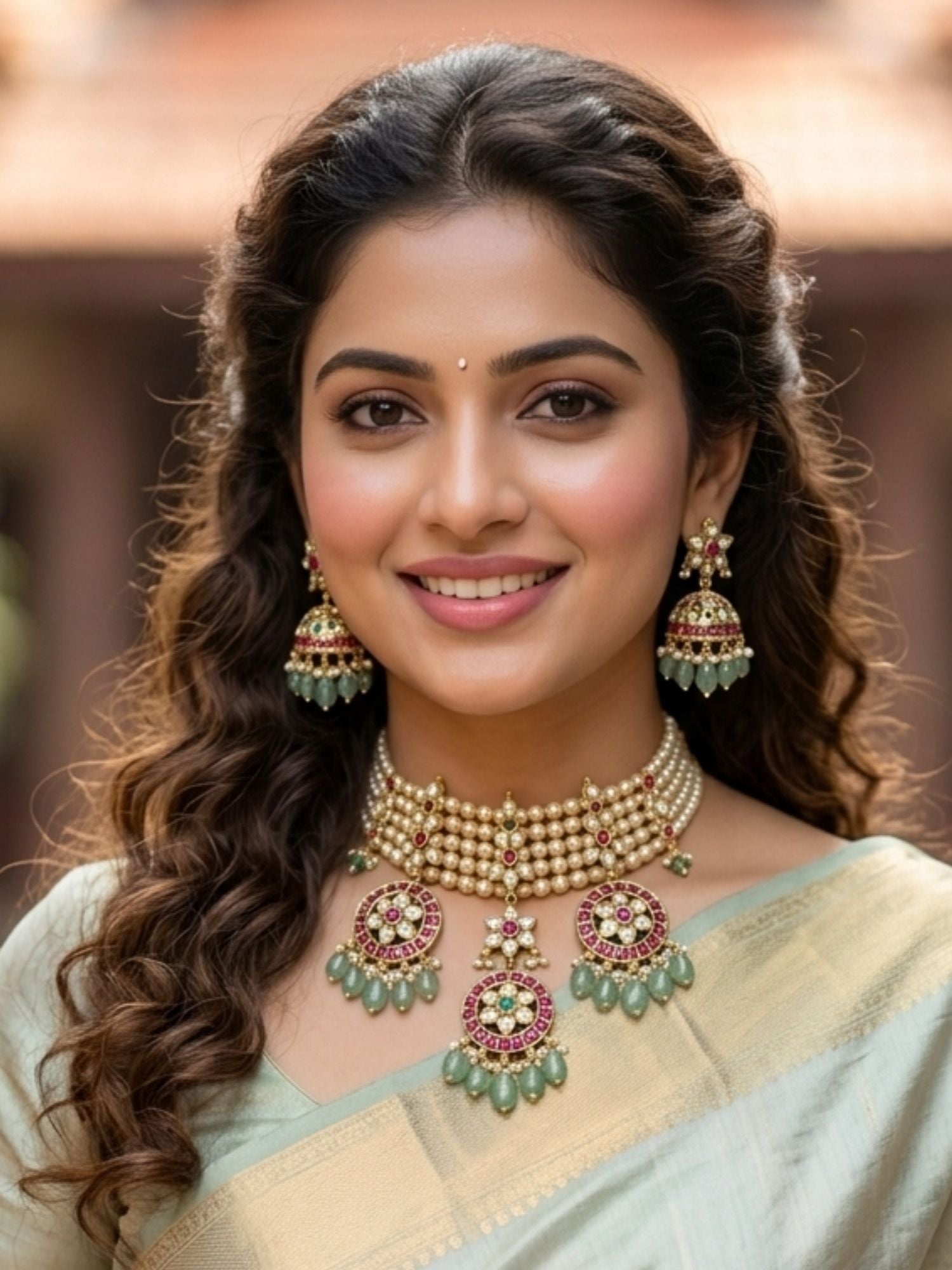 Pearl Kundan Choker Set with Ruby & Emerald Drops - necklace by Abdesigns Jewellery