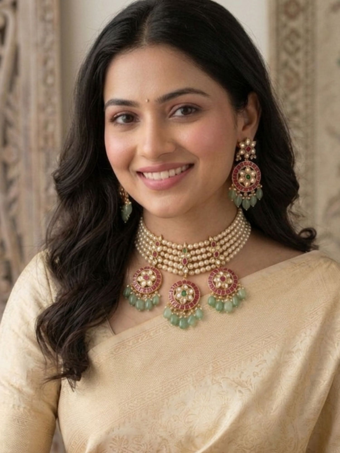 Abdesigns pearl kundan choker set with ruby and emerald drops traditional ethnic jewellery