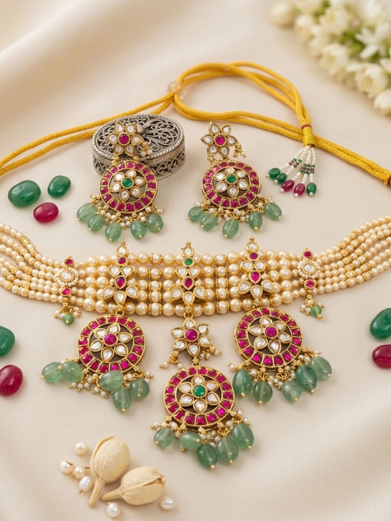 Pearl Kundan Choker Set with Ruby & Emerald Drops - necklace by Abdesigns Jewellery