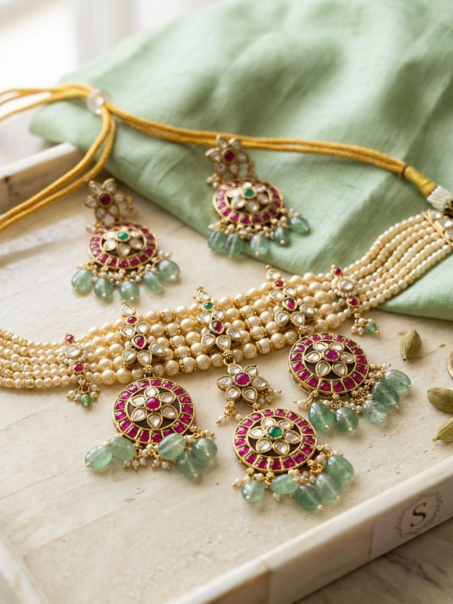 Pearl Kundan Choker Set with Ruby & Emerald Drops - necklace by Abdesigns Jewellery