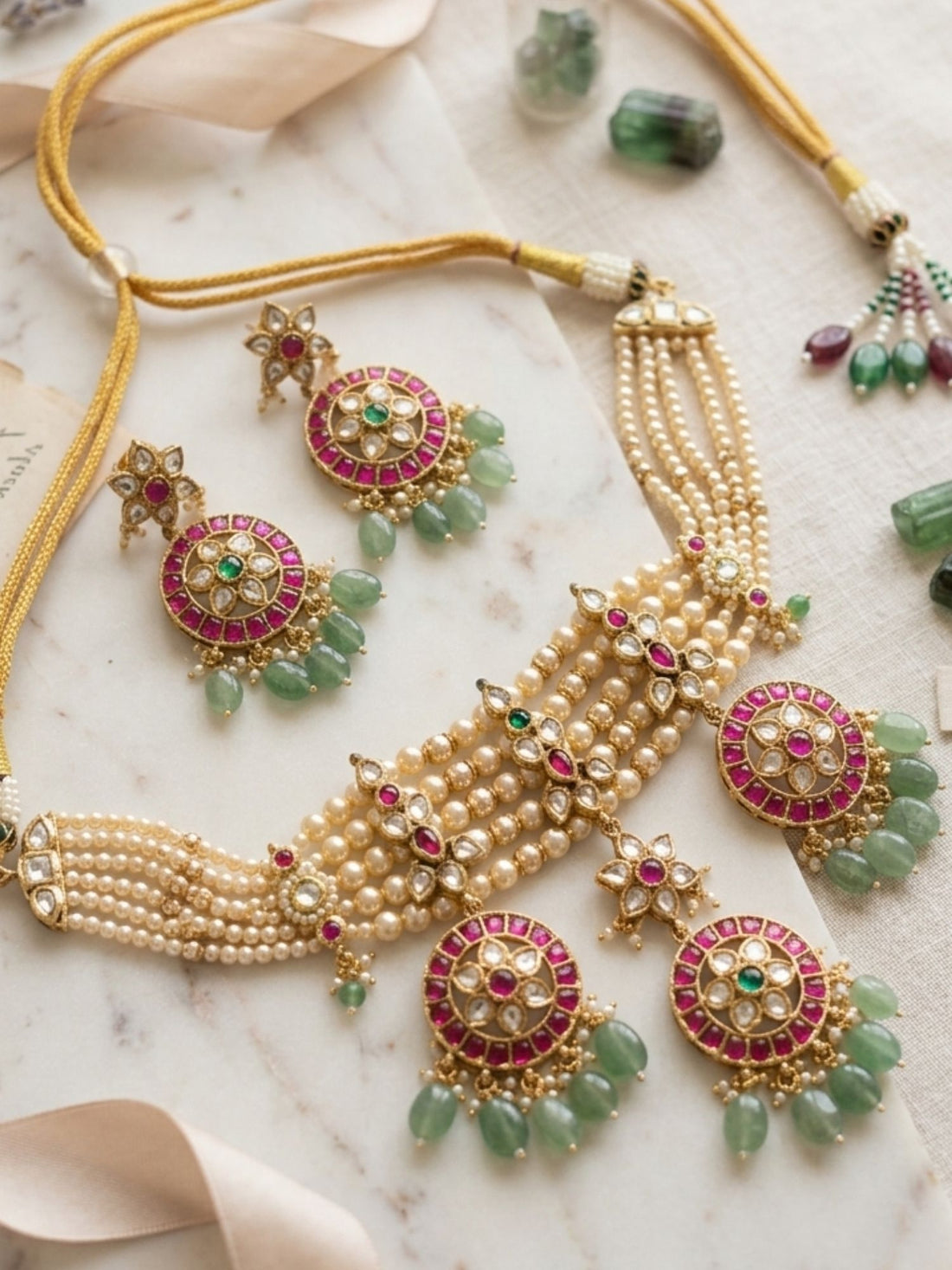 Abdesigns pearl kundan choker set with ruby and emerald drops traditional ethnic jewellery