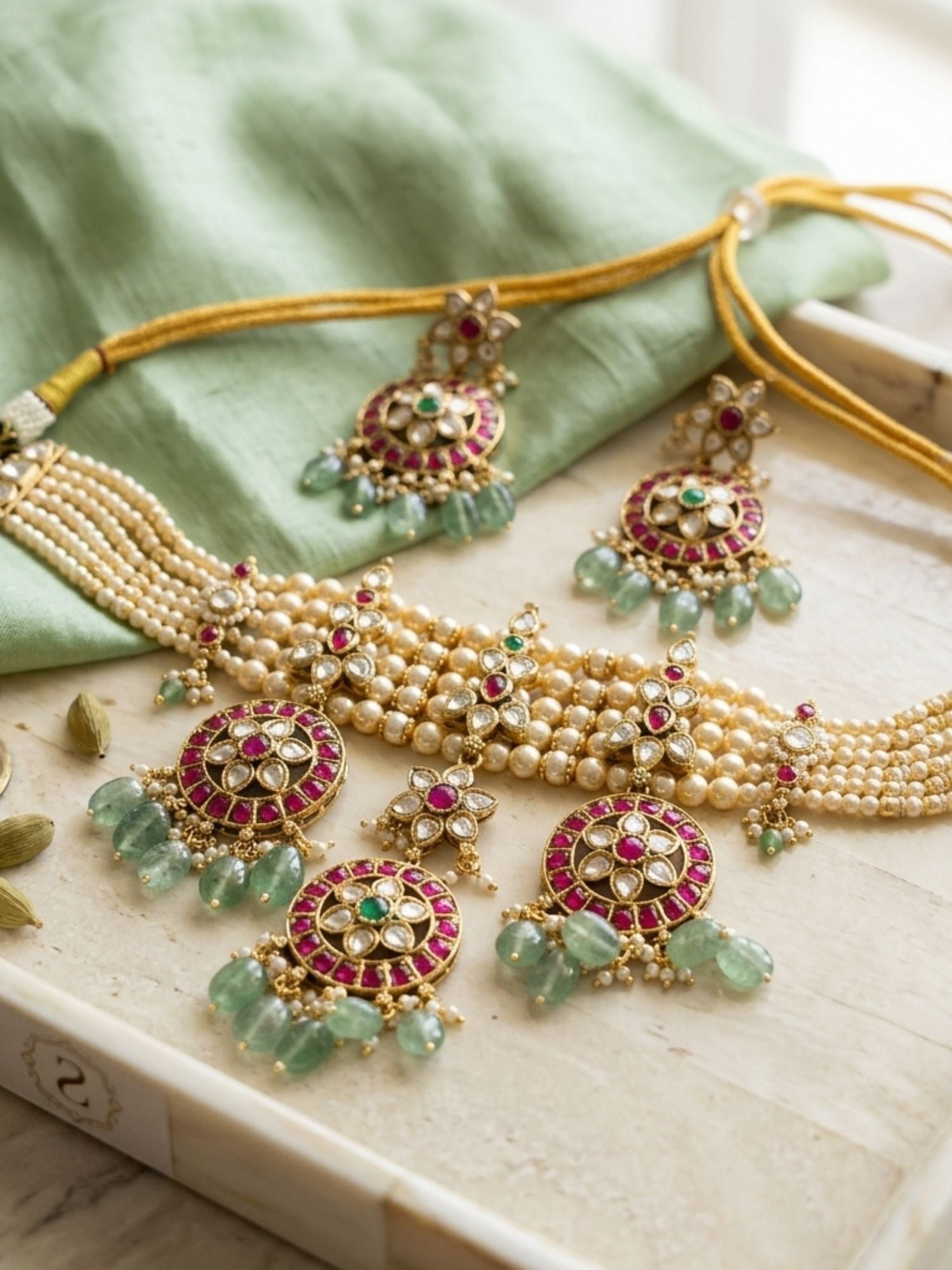 Pearl Kundan Choker Set with Ruby & Emerald Drops - necklace by Abdesigns Jewellery