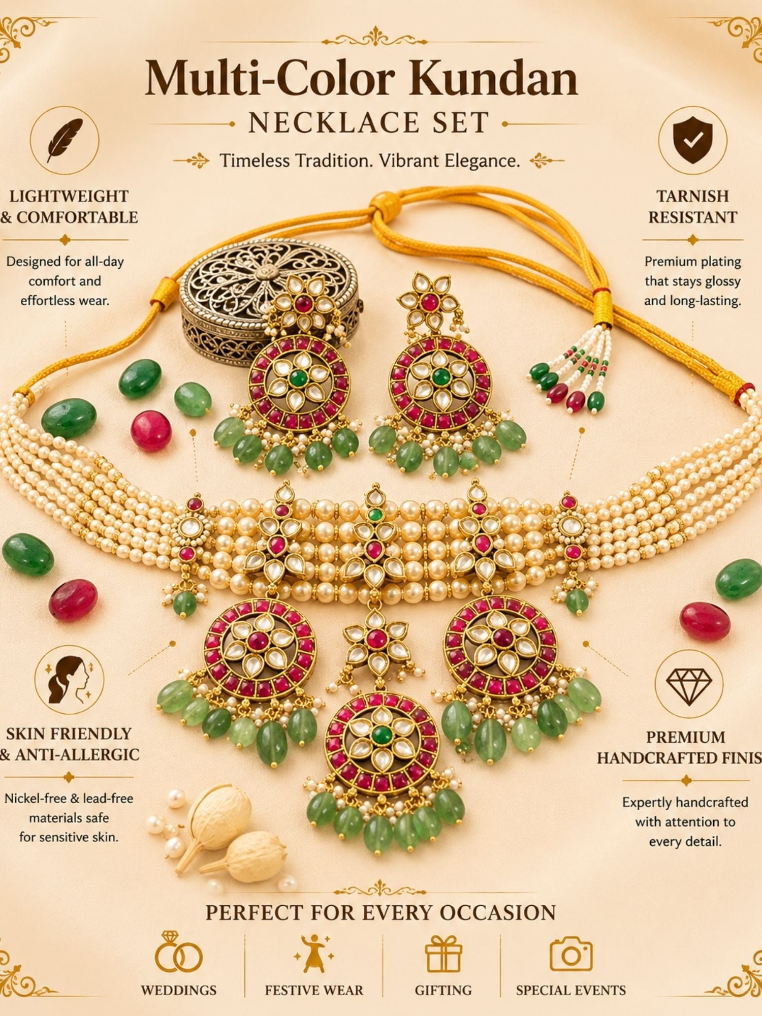Pearl Kundan Choker Set with Ruby & Emerald Drops - necklace by Abdesigns Jewellery