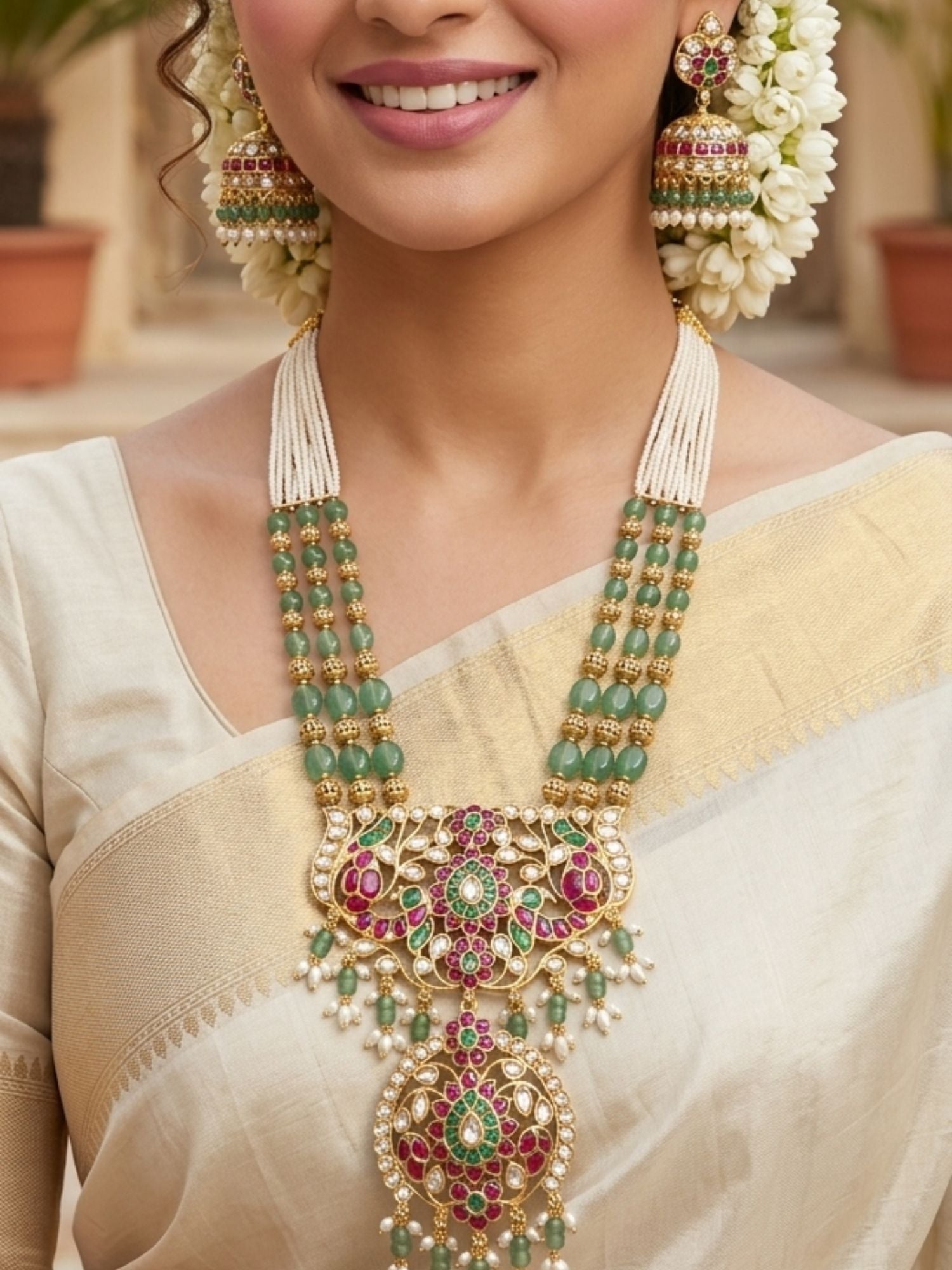 Abdesigns Emerald Beaded Kundan Long Necklace Set with Statement Pendant