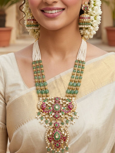 Abdesigns Emerald Beaded Kundan Long Necklace Set with Statement Pendant