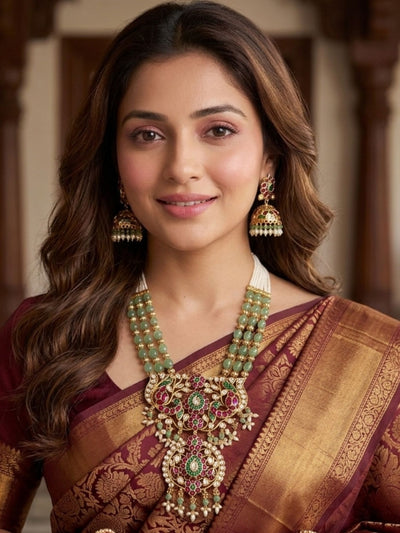 Abdesigns Emerald Beaded Kundan Long Necklace Set with Statement Pendant