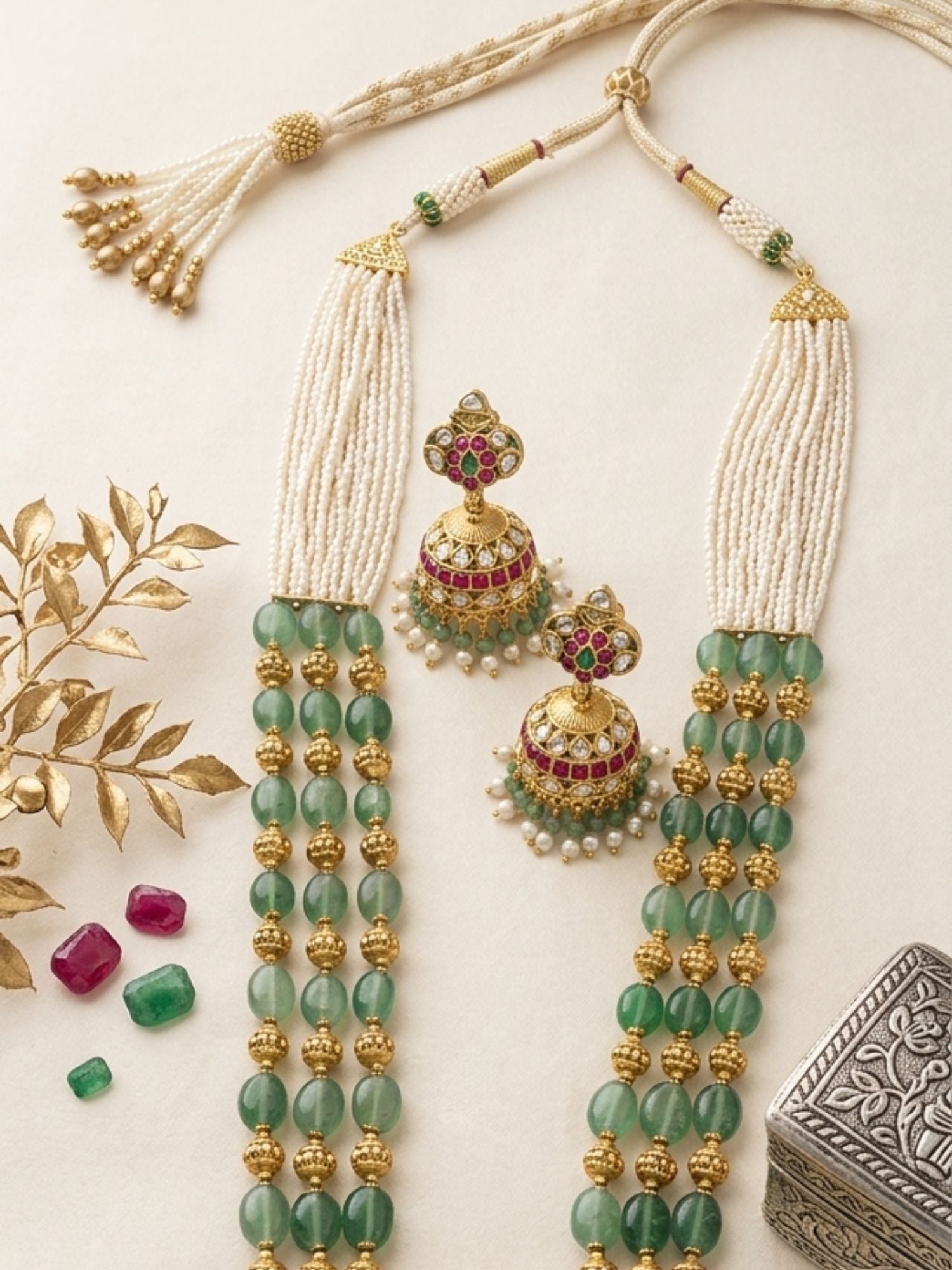 Abdesigns Emerald Beaded Kundan Long Necklace Set with Statement Pendant