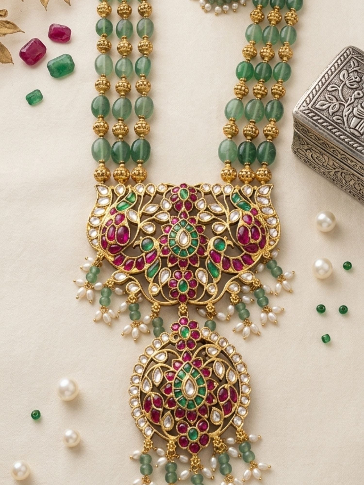 Abdesigns Emerald Beaded Kundan Long Necklace Set with Statement Pendant