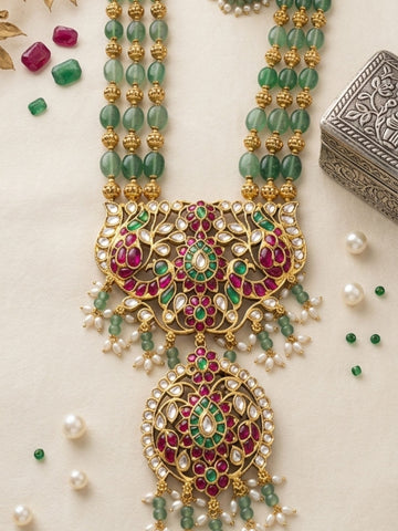 Abdesigns Emerald Beaded Kundan Long Necklace Set with Statement Pendant