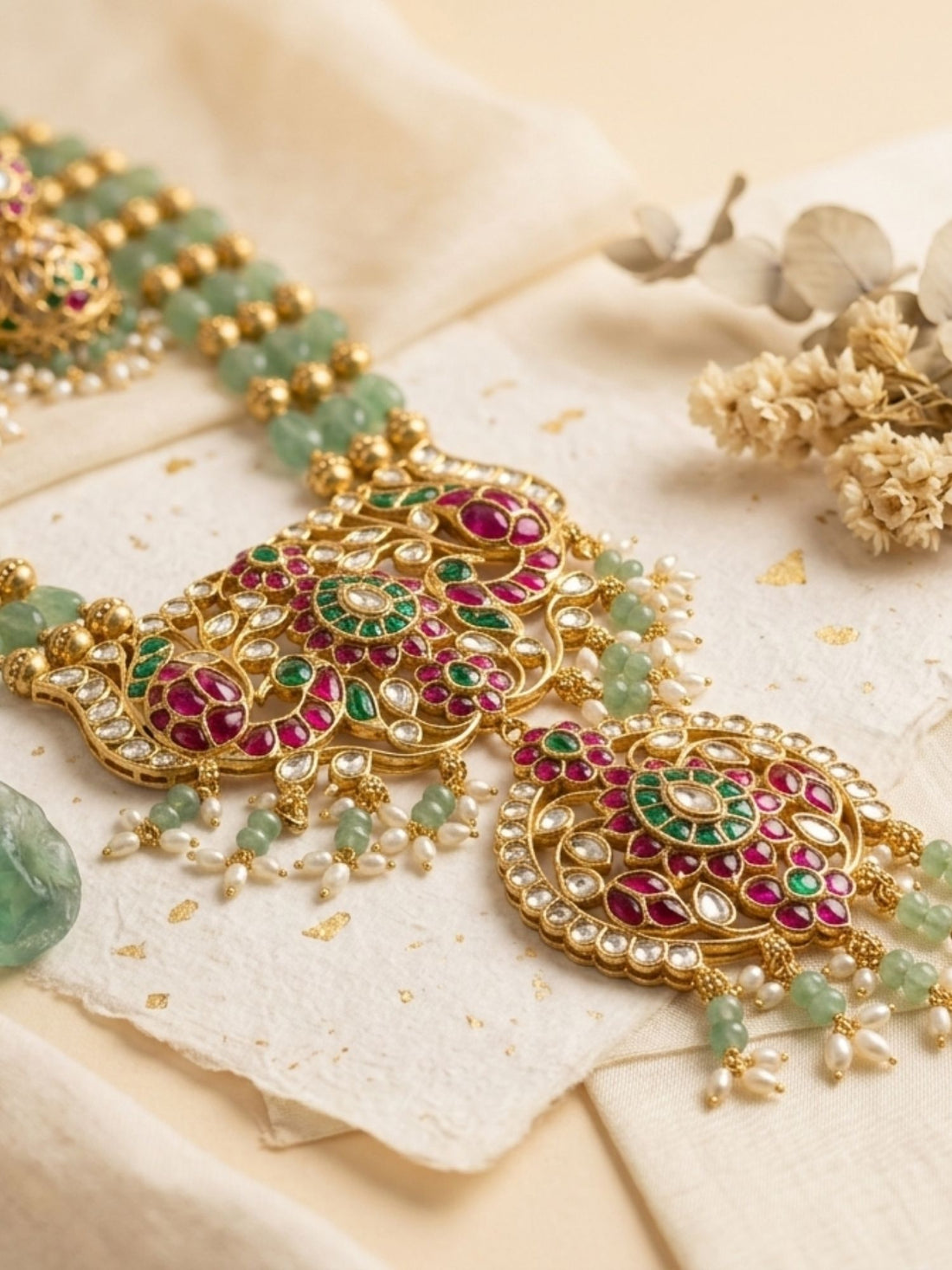Abdesigns emerald beaded kundan long necklace set with statement pendant elegant bridal jewellery