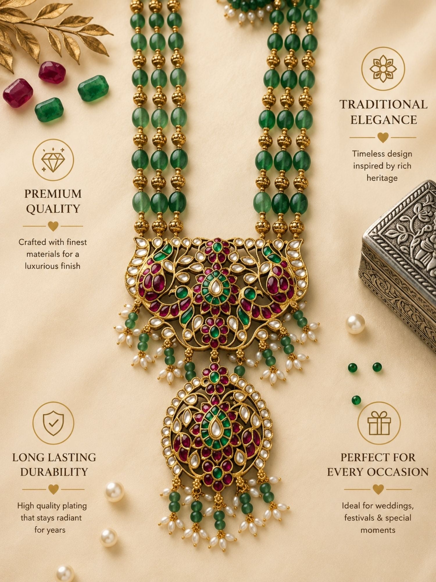 Emerald Beaded Kundan Long Necklace Set with Statement Pendant - necklace by Abdesigns Jewellery