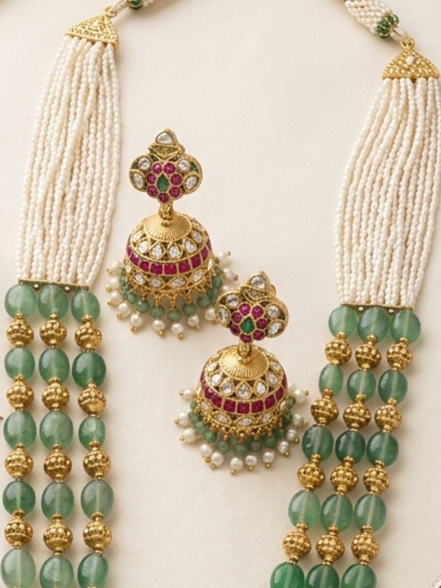 Abdesigns Emerald Beaded Kundan Long Necklace Set with Statement Pendant
