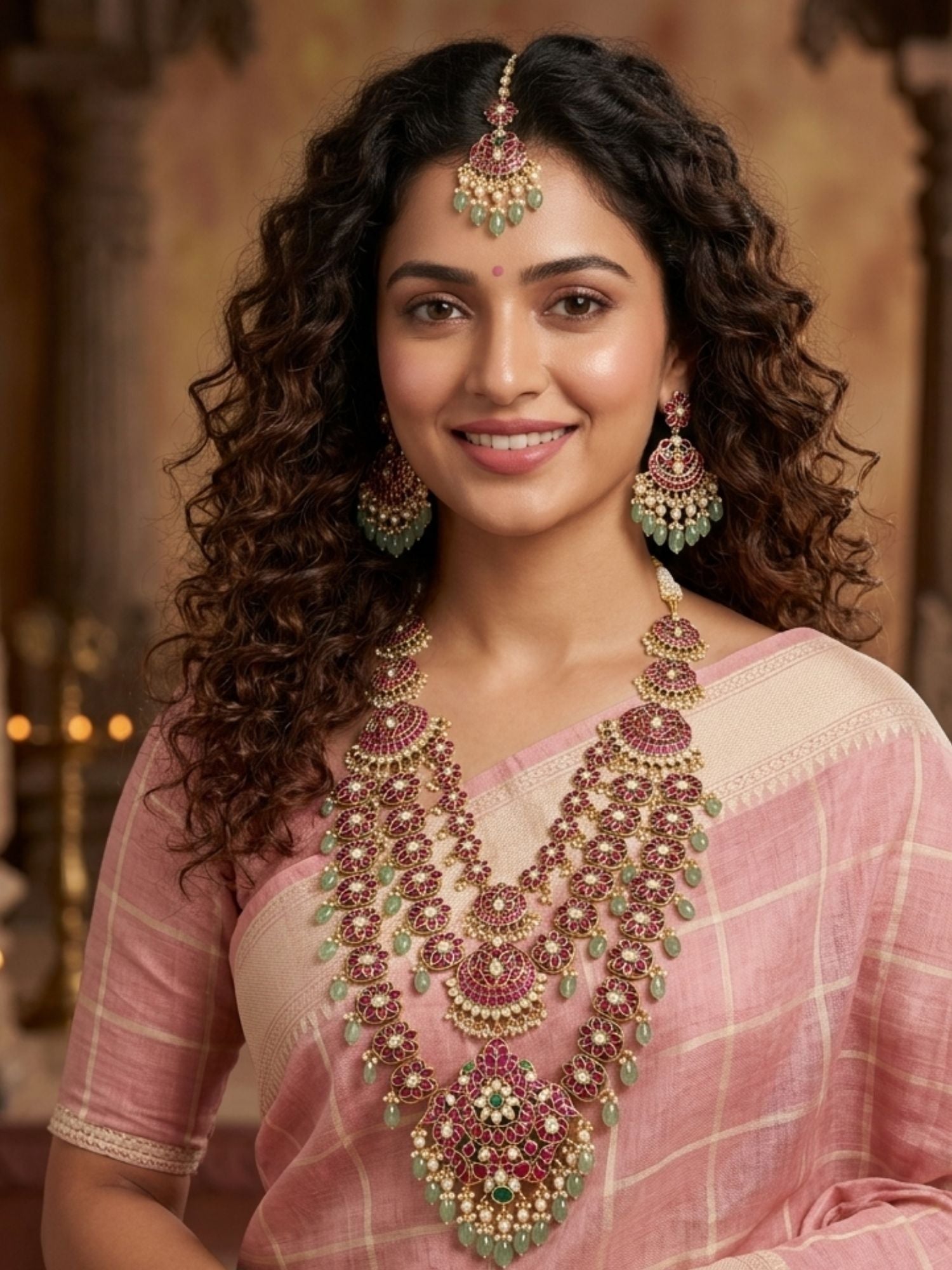 Royal Rani Pink Kundan Bridal Haram Set with Emerald Drops & Maang Tikka - necklace by Abdesigns Jewellery