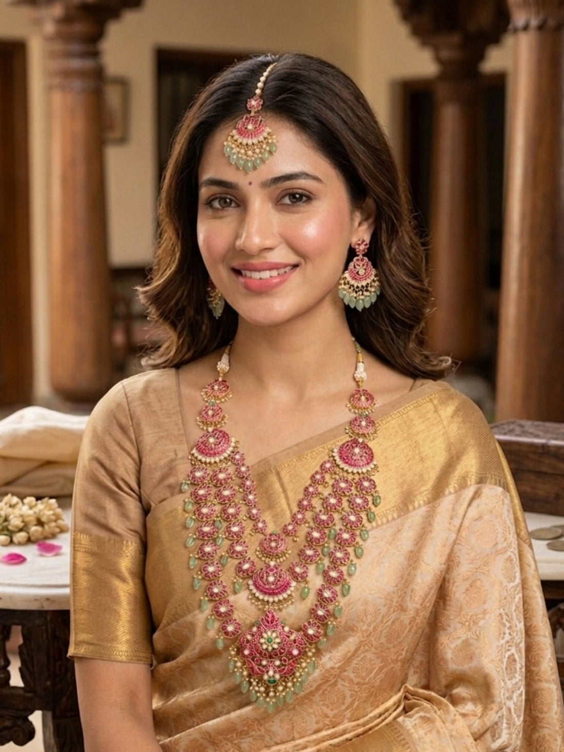 Abdesigns rani pink kundan bridal haram set with emerald drops and maang tikka royal wedding jewellery