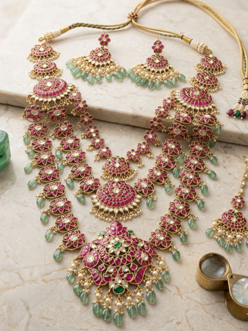 Royal Rani Pink Kundan Bridal Haram Set with Emerald Drops & Maang Tikka - necklace by Abdesigns Jewellery