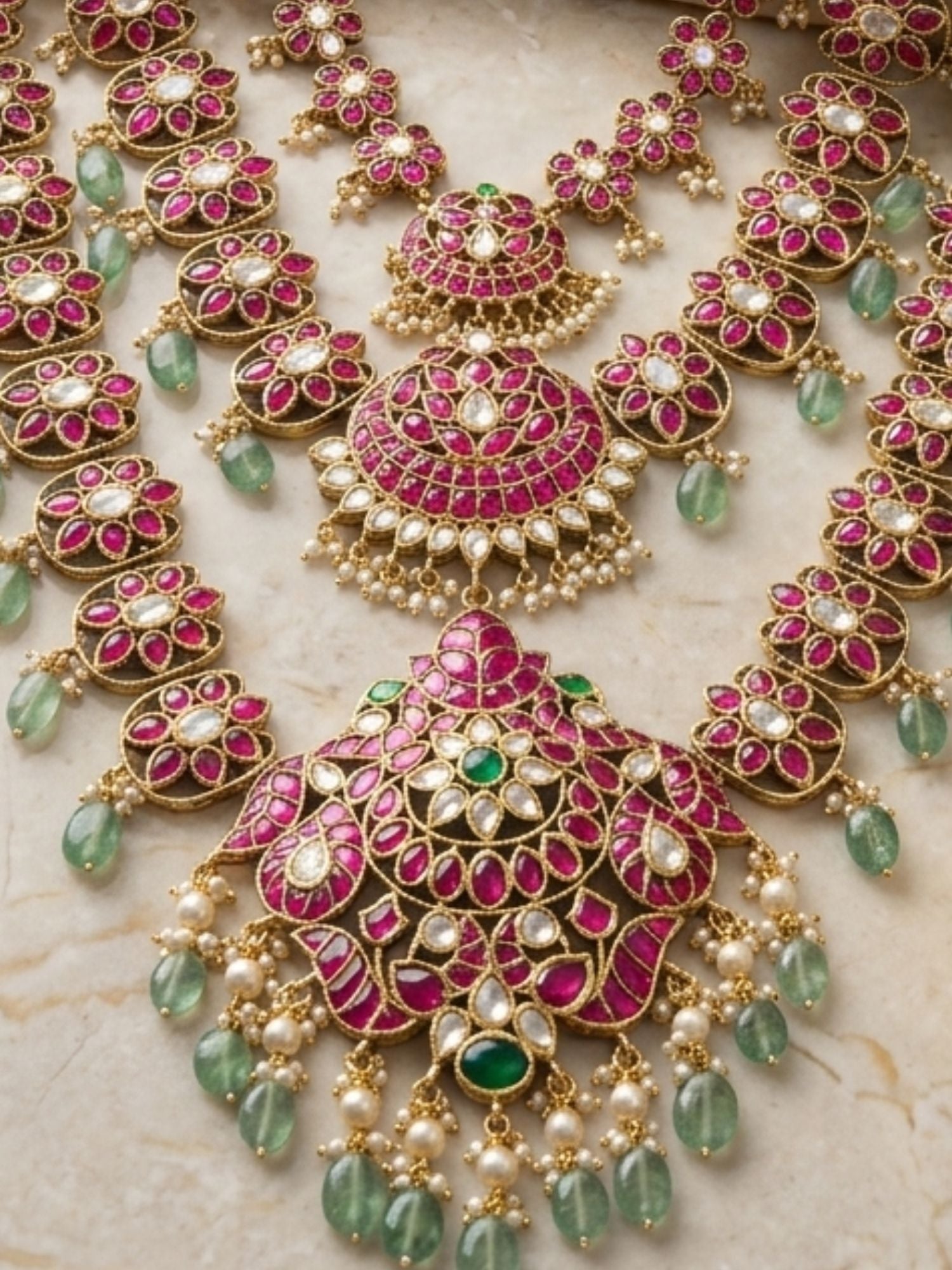 Royal Rani Pink Kundan Bridal Haram Set with Emerald Drops & Maang Tikka - necklace by Abdesigns Jewellery