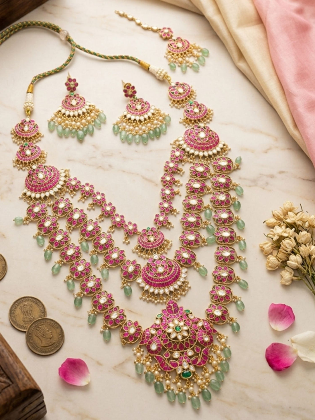 Abdesigns rani pink kundan bridal haram set with emerald drops and maang tikka royal wedding jewellery