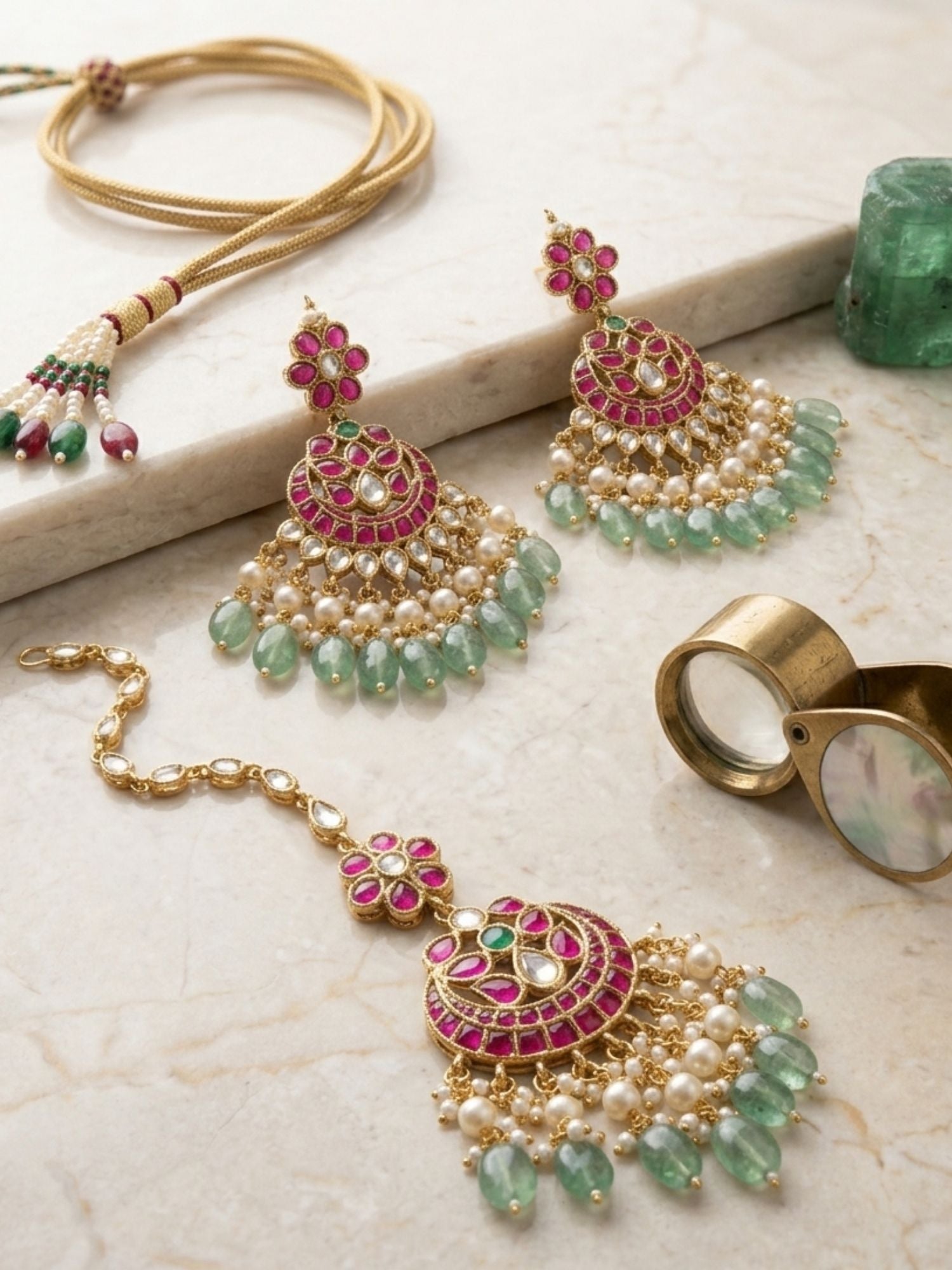 Royal Rani Pink Kundan Bridal Haram Set with Emerald Drops & Maang Tikka - necklace by Abdesigns Jewellery