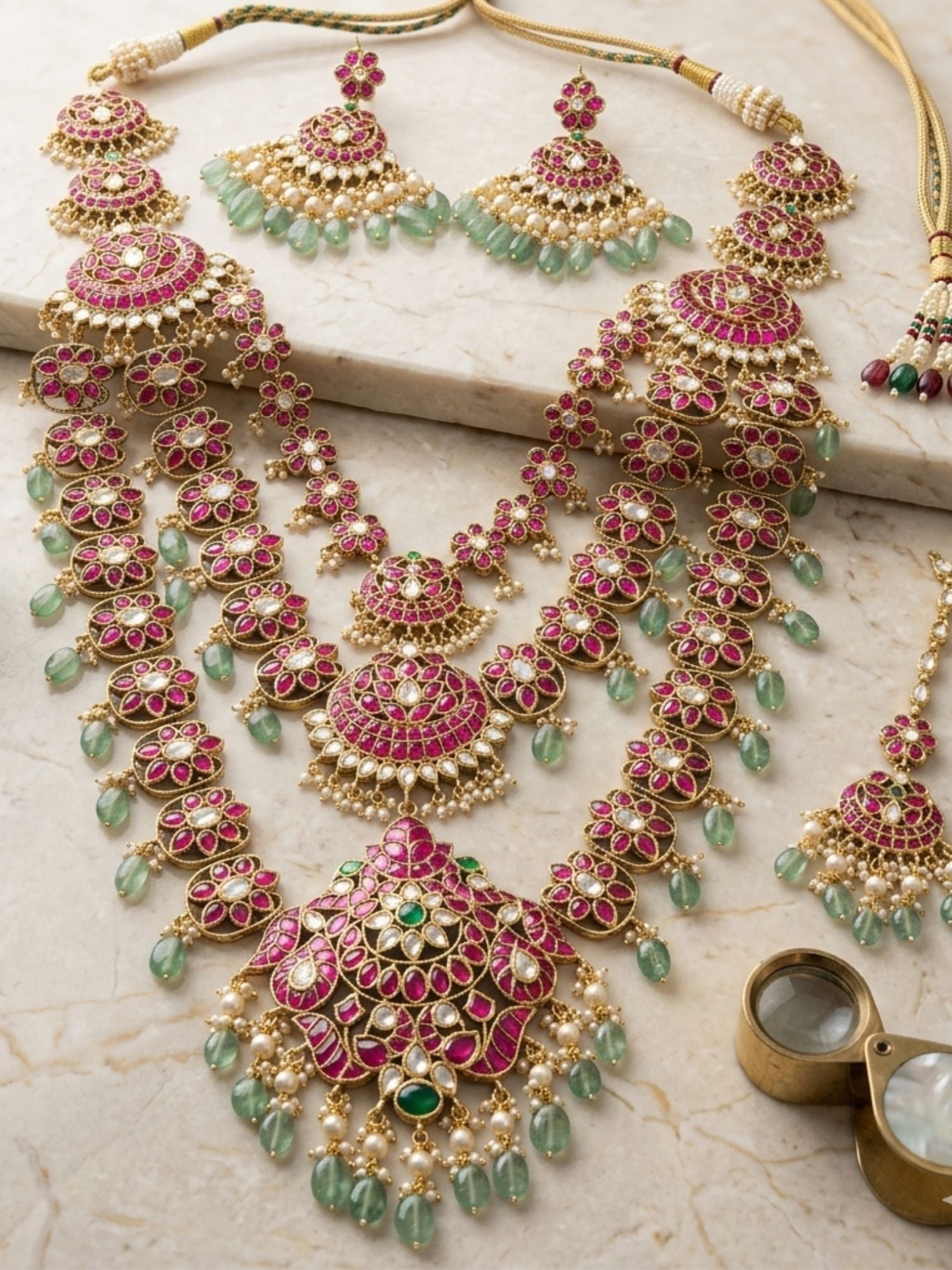 Royal Rani Pink Kundan Bridal Haram Set with Emerald Drops & Maang Tikka - necklace by Abdesigns Jewellery