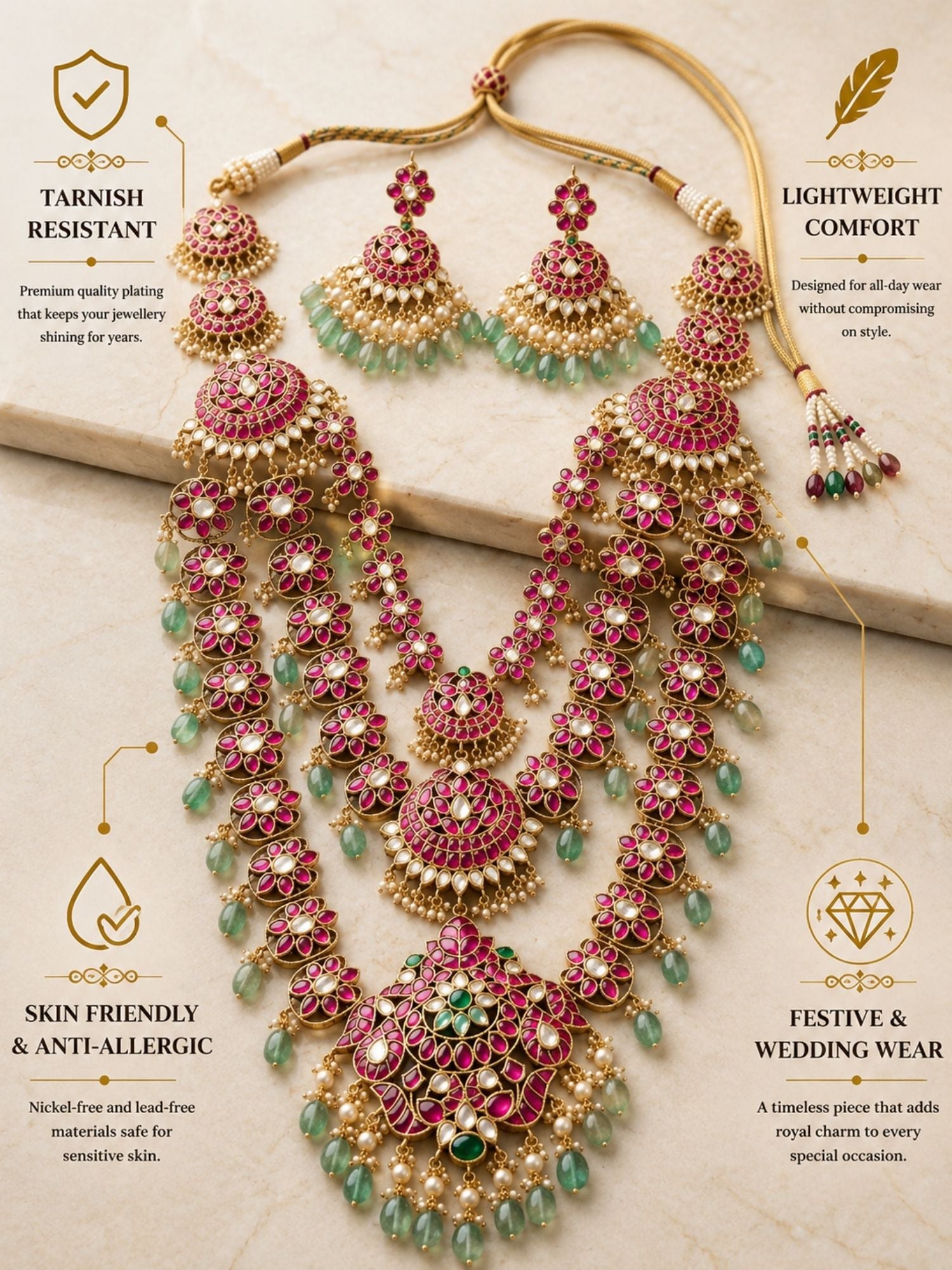 Royal Rani Pink Kundan Bridal Haram Set with Emerald Drops & Maang Tikka - necklace by Abdesigns Jewellery