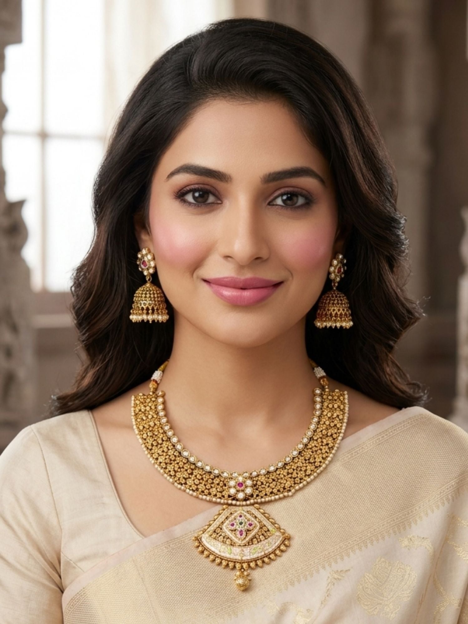 Classic Antique Gold Choker Set with Pearl Detailing & Jhumkas - necklace by Abdesigns Jewellery