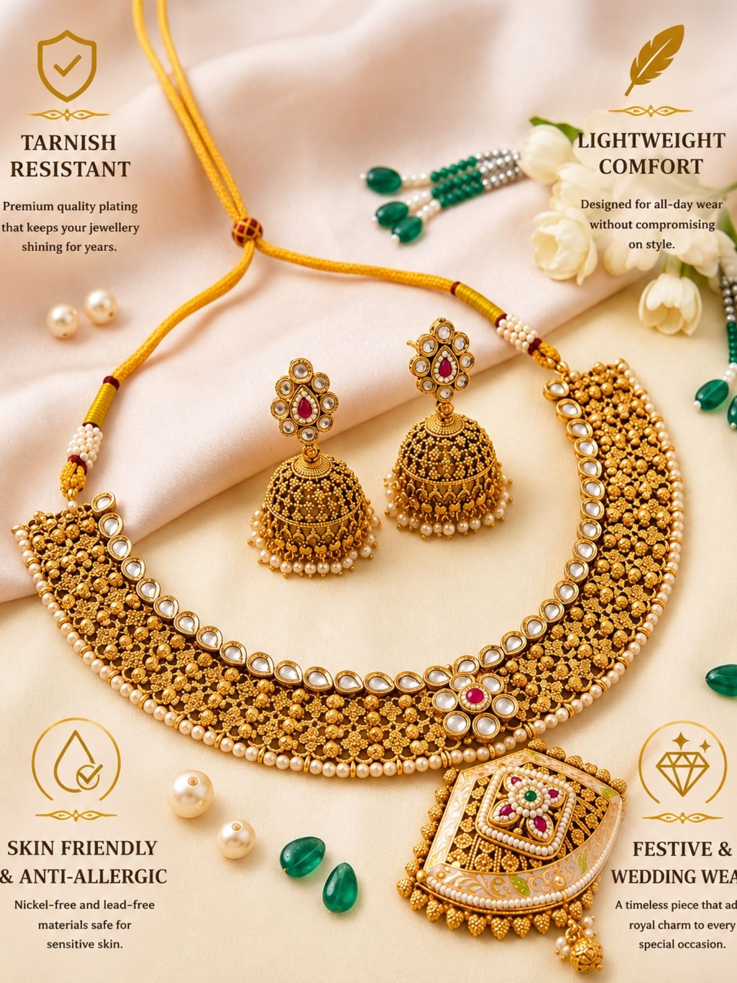 Classic Antique Gold Choker Set with Pearl Detailing & Jhumkas - necklace by Abdesigns Jewellery