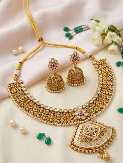 Abdesigns Classic Antique Gold Choker Set with Pearl Detailing & Jhumkas