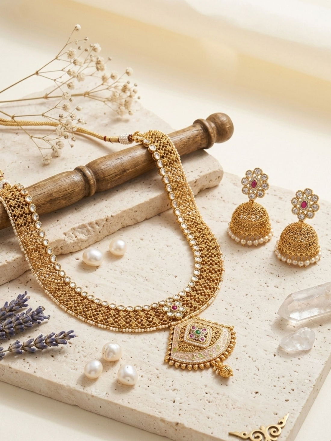 Abdesigns antique gold choker set with pearl detailing and jhumkas classic traditional jewellery